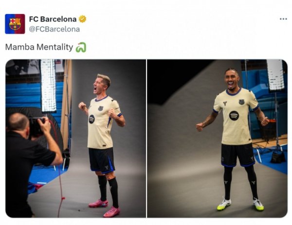巴萨官方晒莱万、拉菲尼亚身穿科比联名运动活动    服  定妆照：曼巴精神